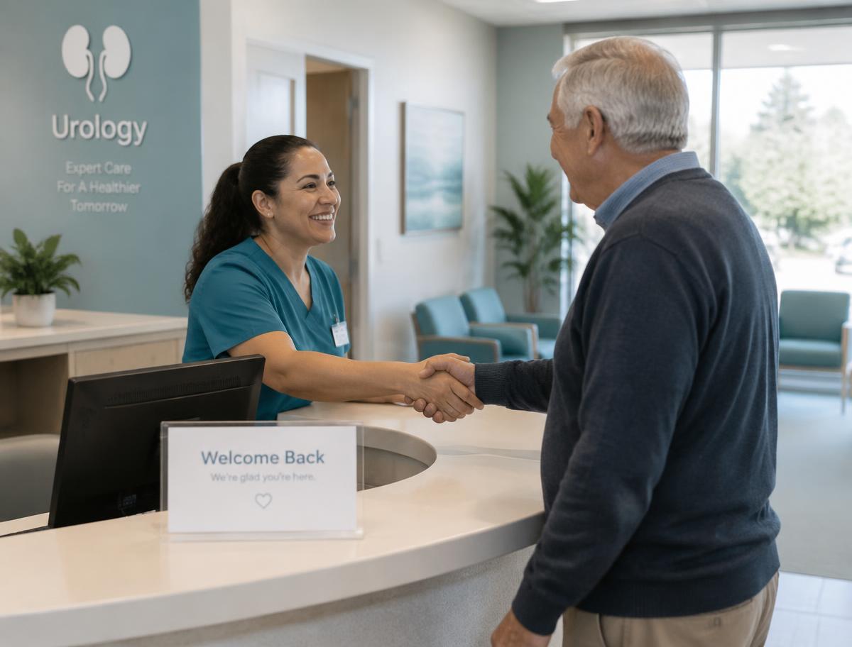 Nurse welcoming a returning patient at a urology clinic reception